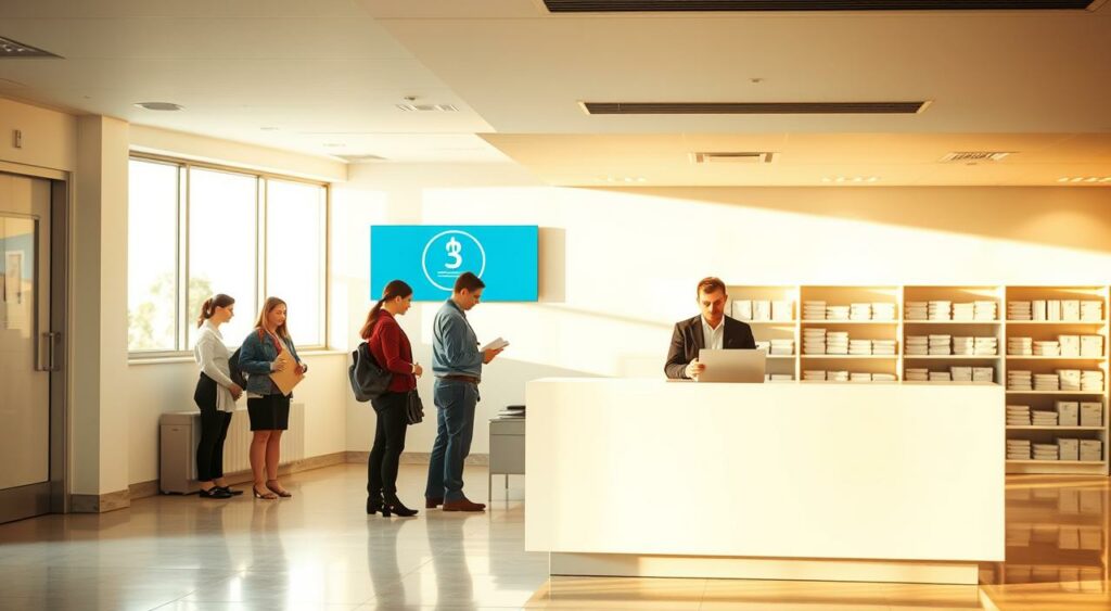 A bright, clean office interior with a registration counter in the foreground. The counter has a modern, minimalist design with a large logo or branding signage above it. Behind the counter, a line of people wait patiently to be helped, each carrying a folder or documents. The lighting is warm and inviting, with a mixture of natural light from windows and soft, even illumination from overhead fixtures. The walls are a neutral color, allowing the registration process to take center stage. In the background, there are shelves or cabinets filled with organized paperwork and supplies, conveying a sense of efficiency and professionalism. A bright, clean office interior with a registration counter in the foreground. The counter has a modern, minimalist design with a large logo or branding signage above it. Behind the counter, a line of people wait patiently to be helped, each carrying a folder or documents. The lighting is warm and inviting, with a mixture of natural light from windows and soft, even illumination from overhead fixtures. The walls are a neutral color, allowing the registration process to take center stage. In the background, there are shelves or cabinets filled with organized paperwork and supplies, conveying a sense of efficiency and professionalism.