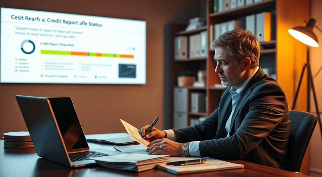 A business-themed scene depicting a credit report dispute status. In the foreground, a person sits at a desk, intently reviewing a credit report printout. The desktop is neatly organized, with a laptop, pen, and a pile of documents. The lighting is warm and focused, creating a professional atmosphere. In the middle ground, a wall-mounted display shows the progress of the credit report dispute, with a status indicator and a timeline. The background features shelves of organized files and cabinets, conveying a sense of diligence and attention to detail. The overall mood is one of focused determination, as the individual works to resolve the credit report issue. A business-themed scene depicting a credit report dispute status. In the foreground, a person sits at a desk, intently reviewing a credit report printout. The desktop is neatly organized, with a laptop, pen, and a pile of documents. The lighting is warm and focused, creating a professional atmosphere. In the middle ground, a wall-mounted display shows the progress of the credit report dispute, with a status indicator and a timeline. The background features shelves of organized files and cabinets, conveying a sense of diligence and attention to detail. The overall mood is one of focused determination, as the individual works to resolve the credit report issue.