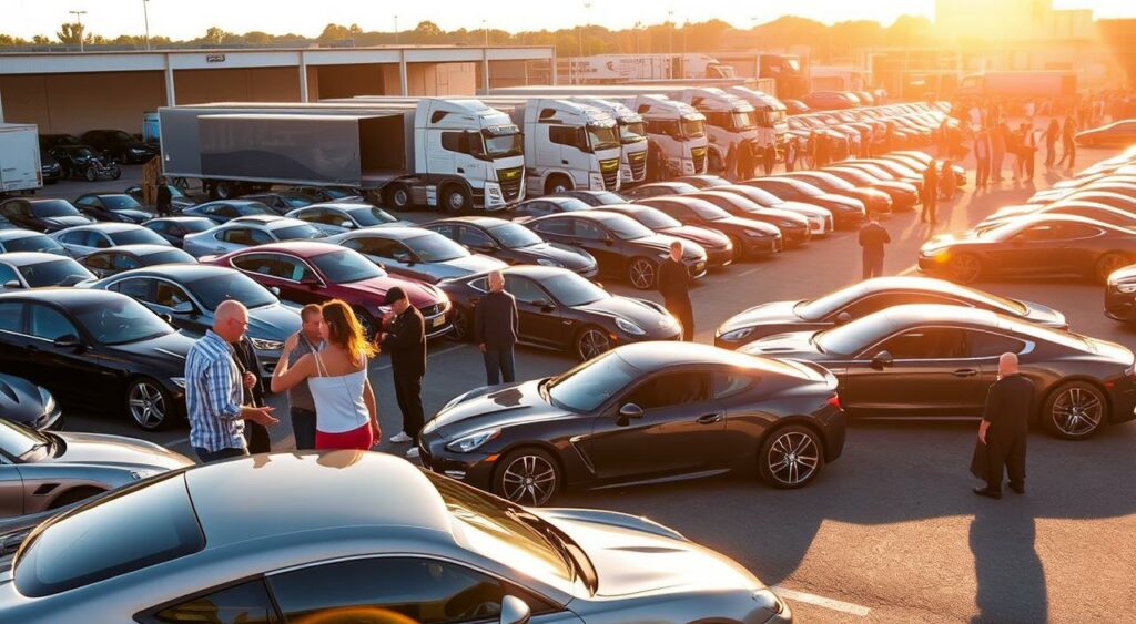A bustling car auction yard, vehicles lined up in neat rows under the warm afternoon sun. In the foreground, a group of auction winners inspect a sleek sports car, discussing transport options with a knowledgeable auction house representative. In the middle ground, a fleet of specialized car shipping trucks waits to load the freshly purchased vehicles, their hydraulic lifts ready to gently load the prized possessions. The background reveals the wider auction site, with buyers and sellers negotiating deals, the air alive with the excitement of the day's transactions. The scene conveys the reliable and efficient service that auction transport providers offer, ensuring the safe delivery of these high-value automobiles to their new owners. A bustling car auction yard, vehicles lined up in neat rows under the warm afternoon sun. In the foreground, a group of auction winners inspect a sleek sports car, discussing transport options with a knowledgeable auction house representative. In the middle ground, a fleet of specialized car shipping trucks waits to load the freshly purchased vehicles, their hydraulic lifts ready to gently load the prized possessions. The background reveals the wider auction site, with buyers and sellers negotiating deals, the air alive with the excitement of the day's transactions. The scene conveys the reliable and efficient service that auction transport providers offer, ensuring the safe delivery of these high-value automobiles to their new owners.