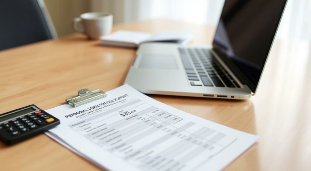 A clear, well-lit desktop with a laptop computer, a credit report, and a calculator prominently displayed. The credit report shows a personal loan prequalification credit score, with the numbers clearly visible. Soft, diffused lighting creates a calm, professional atmosphere, while a subtle depth of field blur separates the foreground from the slightly out-of-focus background. The overall scene conveys the importance of understanding how personal loan prequalification affects one's credit score.