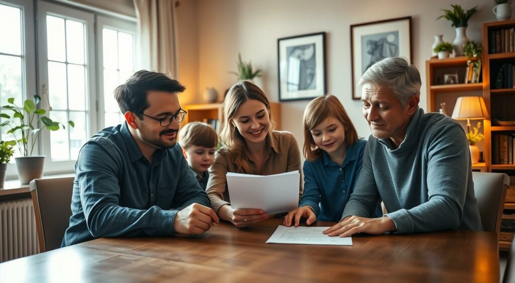 A cozy home office setting with a family sitting around a wooden table, signing a loan agreement document. Warm, natural lighting filters through the windows, casting a gentle glow on the scene. The parents and their two children, one teenager and one young child, all appear engaged and focused as they review the paperwork together. The atmosphere conveys a sense of trust, responsibility, and familial bond. The background features bookshelves, house plants, and a framed artwork, creating a welcoming, lived-in ambiance. The camera angle is slightly elevated, providing an intimate, candid perspective on this important family moment. A cozy home office setting with a family sitting around a wooden table, signing a loan agreement document. Warm, natural lighting filters through the windows, casting a gentle glow on the scene. The parents and their two children, one teenager and one young child, all appear engaged and focused as they review the paperwork together. The atmosphere conveys a sense of trust, responsibility, and familial bond. The background features bookshelves, house plants, and a framed artwork, creating a welcoming, lived-in ambiance. The camera angle is slightly elevated, providing an intimate, candid perspective on this important family moment.