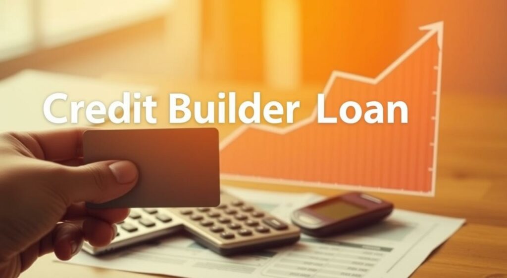 A credit builder loan is a financial product designed to help individuals establish or improve their credit score. In the foreground, a person is holding a credit card, representing the goal of building credit. The middle ground features a calculator and some financial documents, symbolizing the process of monitoring and managing the loan. In the background, a stylized graph or chart illustrates the potential credit score improvement over time. The lighting is warm and inviting, creating a sense of optimism and progress. The overall composition conveys the idea of using a credit builder loan as a strategic tool to enhance one's financial standing.