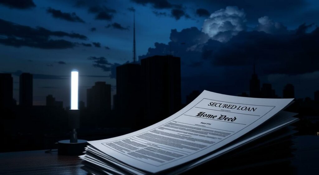 A dark, ominous cityscape at dusk, with towering skyscrapers casting long shadows. In the foreground, a stack of collateral documents, including a home deed and car title, signifying the high-stakes nature of secured loans. The documents are illuminated by a single, flickering fluorescent light, creating an atmosphere of tension and unease. In the background, a storm cloud gathers, suggesting the potential for financial turmoil and the risks associated with secured loan arrangements. The overall scene conveys a sense of the weight and gravity of the decisions involved in securing a loan, with the viewer left to ponder the consequences of such a high-stakes financial decision.
