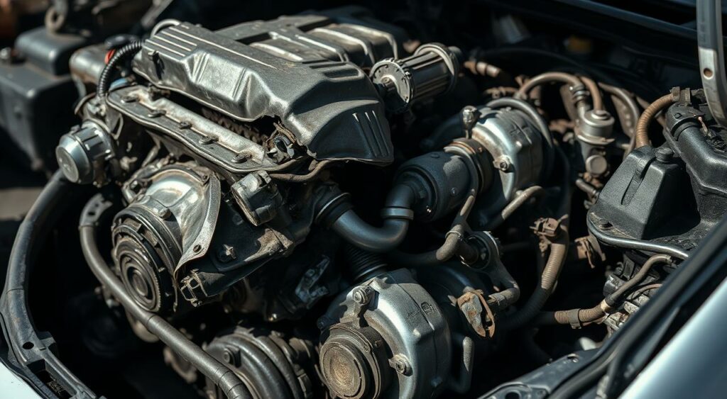 A detailed close-up view of a heavily damaged automobile engine compartment, showcasing the aftermath of a severe collision. The twisted, mangled metal parts, including the warped engine block, crumpled intake manifold, and shattered components, are illuminated by a harsh, directional lighting from the side, casting sharp shadows that accentuate the destruction. The background is blurred, keeping the focus on the intricate, intricate details of the damaged engine. The overall scene conveys a sense of mechanical devastation, evoking the impact and force required to cause such extensive harm to a vehicle's vital systems.