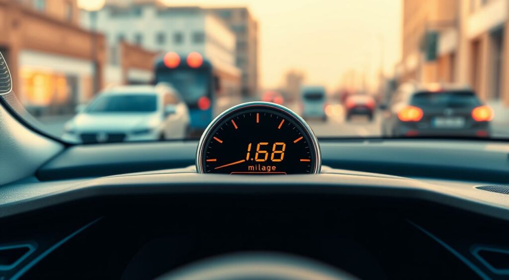 A detailed dashboard display with a prominent car mileage gauge, showing a digital readout of mileage in miles. The background features a blurred image of a city street, with buildings and traffic in the distance, conveying a sense of movement and utility. The lighting is clean and bright, with a warm, modern palette that complements the sleek, minimalist design of the dashboard. The overall composition emphasizes the importance of the mileage information, placing it at the center of the frame and highlighting its significance in the decision-making process. A detailed dashboard display with a prominent car mileage gauge, showing a digital readout of mileage in miles. The background features a blurred image of a city street, with buildings and traffic in the distance, conveying a sense of movement and utility. The lighting is clean and bright, with a warm, modern palette that complements the sleek, minimalist design of the dashboard. The overall composition emphasizes the importance of the mileage information, placing it at the center of the frame and highlighting its significance in the decision-making process.