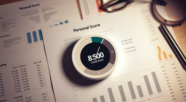 A detailed financial dashboard displaying a prominent credit score against a backdrop of neatly organized personal loan documents and bank statements. The score is prominently featured, rendered in a sleek, minimalist style that conveys a sense of importance and authority. The composition is balanced, with the score occupying the central focus, flanked by supporting financial details. Warm, muted tones create a professional, authoritative atmosphere, while subtle shadows and highlights add depth and dimensionality to the scene. The overall impression is one of financial responsibility, stability, and informed decision-making.