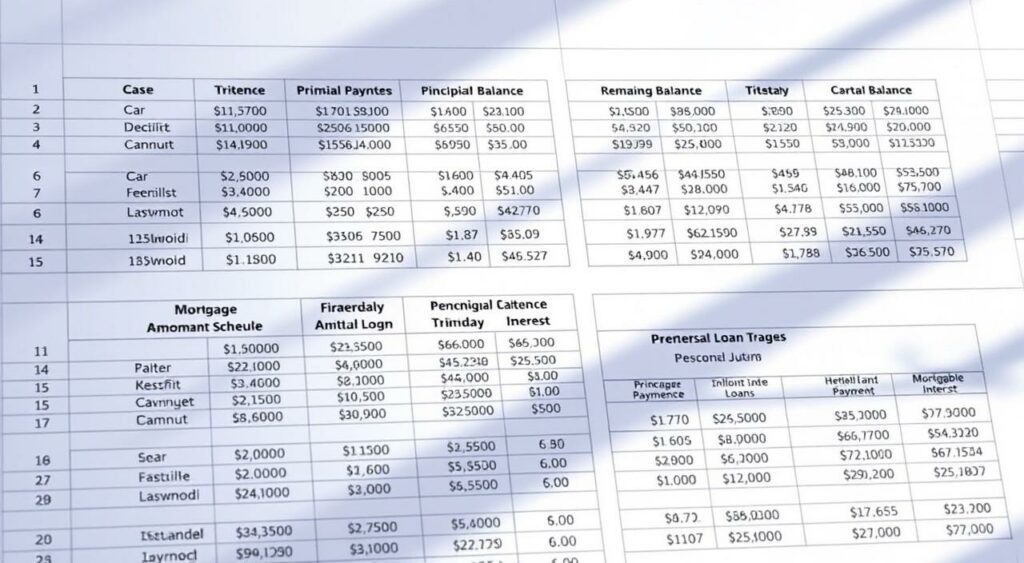 A detailed spreadsheet displaying various amortization schedules for different loan types, including mortgage, car, and personal loans. The schedules show the breakdown of each monthly payment into principal and interest, as well as the remaining balance over the lifetime of the loan. The layout is clean and professional, with bold headings and a subtle grid pattern. The numbers are clearly legible, and the overall design conveys a sense of financial organization and control. The lighting is soft and directional, casting gentle shadows that add depth and dimension to the image. The angle is slightly elevated, giving the viewer a comprehensive overview of the schedules. A detailed spreadsheet displaying various amortization schedules for different loan types, including mortgage, car, and personal loans. The schedules show the breakdown of each monthly payment into principal and interest, as well as the remaining balance over the lifetime of the loan. The layout is clean and professional, with bold headings and a subtle grid pattern. The numbers are clearly legible, and the overall design conveys a sense of financial organization and control. The lighting is soft and directional, casting gentle shadows that add depth and dimension to the image. The angle is slightly elevated, giving the viewer a comprehensive overview of the schedules.