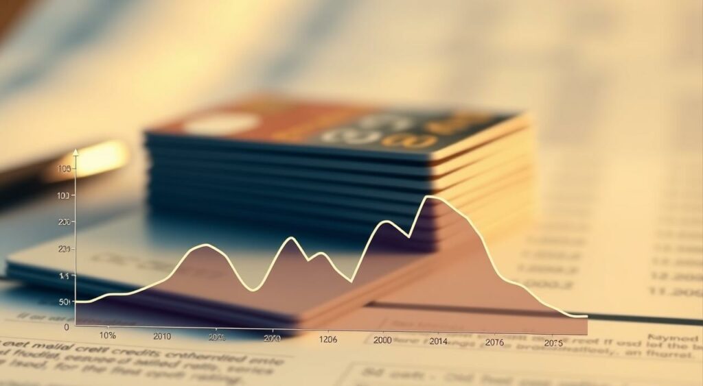 A detailed visualization of a credit utilization ratio, rendered with a cinematic style. In the foreground, a graph displays a line chart depicting the percentage of available credit being used over time, conveying the fluctuations in debt-to-credit ratio. The middle ground features a stack of credit cards, symbolizing the different sources of credit. The background showcases a blurred financial report or statement, hinting at the broader context. The scene is lit with a warm, golden tone, creating a sense of thoughtfulness and careful management. The composition is balanced, with clean lines and a focus on simplicity to clearly communicate the concept of credit utilization.