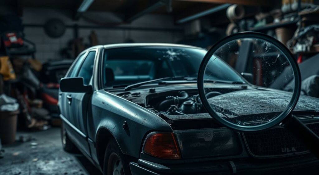 A dilapidated police auction car sits in the foreground, its faded paint and cracked windshield hinting at hidden issues. In the middle ground, a magnifying glass examines the engine, revealing potential mechanical problems. The background depicts a dimly lit, cluttered garage, casting an ominous atmosphere. Dramatic low-angle lighting casts dramatic shadows, emphasizing the car's flaws. The overall scene conveys a sense of cautionary tale, warning potential buyers of the risks and red flags associated with purchasing a police-seized vehicle at auction.