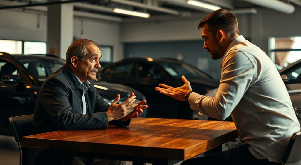 A dimly lit used car dealership showroom, with a customer and a salesperson engaged in a tense negotiation. The customer sits across a sturdy wooden table, their face etched with a serious expression, while the salesperson leans forward, gesturing emphatically. The atmosphere is charged with the weight of the decision, the air thick with the unspoken back-and-forth. Soft, warm lighting casts dramatic shadows, highlighting the intensity of the moment. The surrounding showroom is minimal and streamlined, allowing the focus to remain on the two figures and their carefully crafted negotiation strategy. A dimly lit used car dealership showroom, with a customer and a salesperson engaged in a tense negotiation. The customer sits across a sturdy wooden table, their face etched with a serious expression, while the salesperson leans forward, gesturing emphatically. The atmosphere is charged with the weight of the decision, the air thick with the unspoken back-and-forth. Soft, warm lighting casts dramatic shadows, highlighting the intensity of the moment. The surrounding showroom is minimal and streamlined, allowing the focus to remain on the two figures and their carefully crafted negotiation strategy.