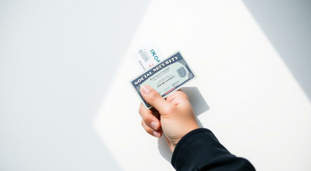 A high-angle view of a person's hand securely holding their social security card and ID documents against a clean, minimalist white background. Soft, natural lighting illuminates the scene, casting subtle shadows that add depth and dimension. The documents are placed with intentional care, conveying a sense of protection and organization. The overall mood is one of reassurance and control, emphasizing the importance of safeguarding personal information from identity theft threats. A high-angle view of a person's hand securely holding their social security card and ID documents against a clean, minimalist white background. Soft, natural lighting illuminates the scene, casting subtle shadows that add depth and dimension. The documents are placed with intentional care, conveying a sense of protection and organization. The overall mood is one of reassurance and control, emphasizing the importance of safeguarding personal information from identity theft threats.
