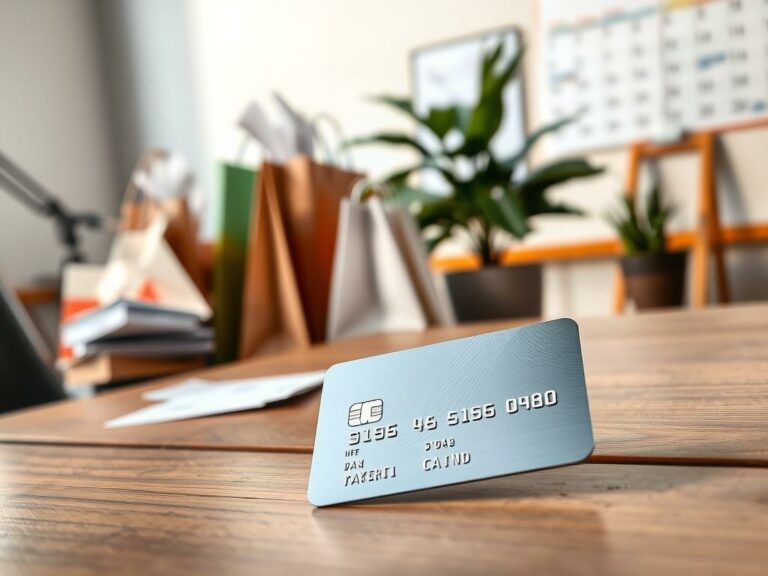 A high-resolution, photorealistic image of a store credit card lying on a wooden table. The card has a metallic finish and features the logo and branding of a well-known retail chain. The card is positioned in the foreground, slightly angled and casting a subtle shadow on the table surface. The middle ground showcases an array of shopping bags and receipts, hinting at the consumer's purchase history. The background is softly blurred, depicting a modern office setting with a potted plant and a calendar on the wall, conveying a sense of everyday financial management. The lighting is natural, with warm tones and gentle highlights accentuating the card's materiality. The overall atmosphere is one of convenience and temptation, reflecting the allure and potential pitfalls of store credit cards.