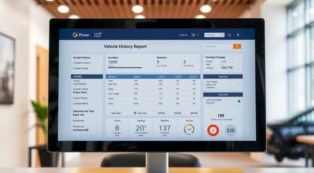 A modern, detailed vehicle history report displayed on a digital screen. The report is presented with a clean, minimalist design, showcasing key information such as accident history, ownership changes, and service records. The screen is positioned in a well-lit, professional office environment, with a sense of trust and authority conveyed through the use of warm, neutral tones and a shallow depth of field. The report data is clearly legible, with infographics and icons highlighting important details. The overall composition suggests the importance of thoroughly researching a vehicle's history before making a purchase decision.