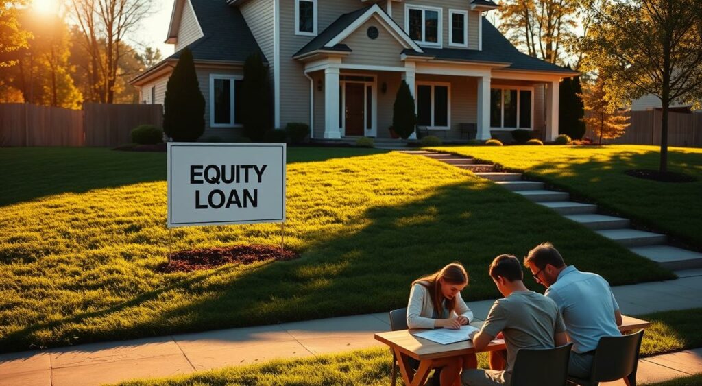 A modern house with a well-manicured lawn and a "Home Equity Loan" sign prominently displayed on the front lawn. The house is bathed in warm, golden sunlight, casting long shadows across the neatly trimmed grass. In the foreground, a family gathers around a table, discussing financial documents and reviewing loan paperwork. The scene conveys a sense of financial security, stability, and the ability to leverage the value of one's home to access additional funds. The overall atmosphere is one of careful consideration, financial prudence, and the potential for a brighter future.