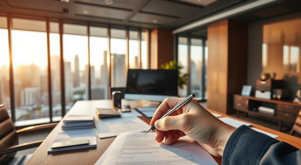 A modern office interior with a large wooden desk, a high-end computer setup, and various paperwork scattered across the surface. In the foreground, a hand is holding a pen, poised to sign documents. Behind the desk, a large window looks out onto a bustling city skyline, bathed in warm, golden light. The atmosphere is one of focused professionalism, with a sense of financial authority and attention to detail. The lighting is soft and directional, creating dramatic shadows and highlights that emphasize the importance of the wire transfer process being captured.