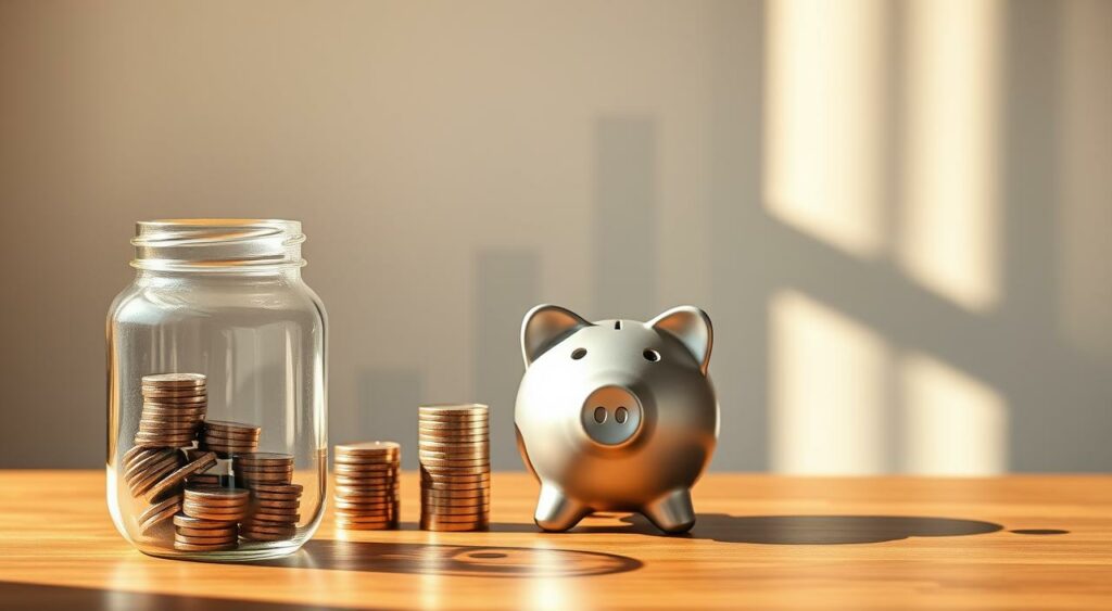 A neatly arranged tabletop scene depicting a high-yield savings account alongside other common savings vehicles. The foreground features a modern glass jar containing stacked coins, representing a traditional savings account. In the middle ground, a sleek metal piggy bank symbolizes a retirement savings plan. The background showcases a minimalist geometric illustration of a bar chart, visually comparing the growth potential of the different savings options. Warm, natural lighting casts soft shadows, creating a calm, contemplative atmosphere. The overall composition conveys a sense of financial planning and responsible money management. A neatly arranged tabletop scene depicting a high-yield savings account alongside other common savings vehicles. The foreground features a modern glass jar containing stacked coins, representing a traditional savings account. In the middle ground, a sleek metal piggy bank symbolizes a retirement savings plan. The background showcases a minimalist geometric illustration of a bar chart, visually comparing the growth potential of the different savings options. Warm, natural lighting casts soft shadows, creating a calm, contemplative atmosphere. The overall composition conveys a sense of financial planning and responsible money management.