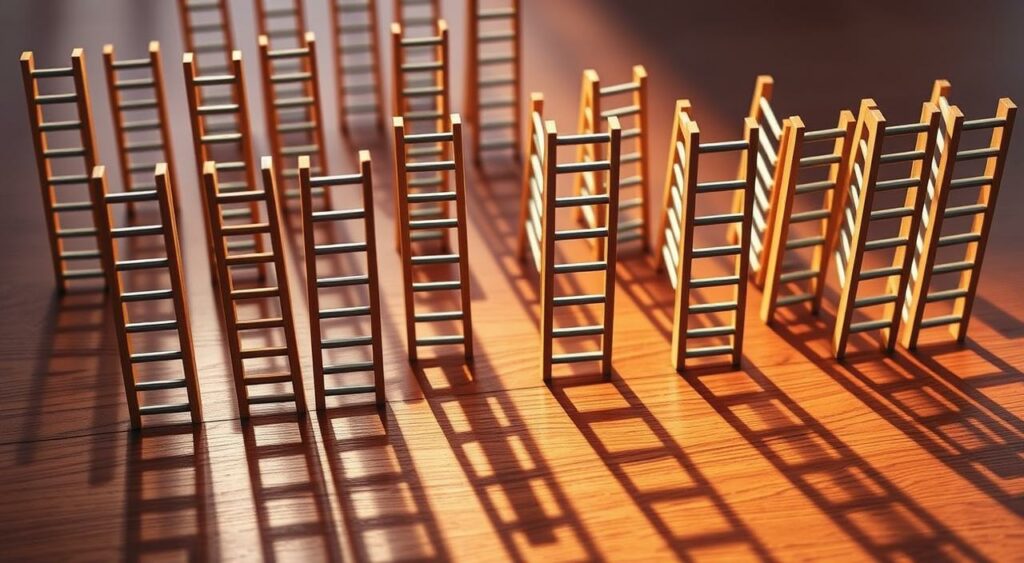 A neatly organized array of CD ladders, each rung representing a different maturity date, casting long shadows on a polished wooden surface. The ladders are illuminated by warm, directional lighting, creating a sense of depth and emphasis on the intricate structure. The background is softly blurred, allowing the CD ladders to take center stage. The overall composition conveys a sense of financial strategy, stability, and the calculated approach to maximizing returns on investments.