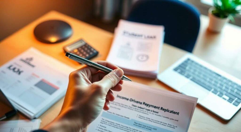 A neatly organized desk with a laptop, paperwork, and a calculator, illuminated by warm, natural lighting. In the foreground, a hand holding a pen hovers over a form representing an Income-Driven Repayment (IDR) application. The middle ground features a stack of student loan documents and a thoughtful expression on the face of the student. The background blurs softly, conveying a sense of focus and concentration on the task at hand. The overall mood is one of diligence and determination to navigate the complexities of student loan management. A neatly organized desk with a laptop, paperwork, and a calculator, illuminated by warm, natural lighting. In the foreground, a hand holding a pen hovers over a form representing an Income-Driven Repayment (IDR) application. The middle ground features a stack of student loan documents and a thoughtful expression on the face of the student. The background blurs softly, conveying a sense of focus and concentration on the task at hand. The overall mood is one of diligence and determination to navigate the complexities of student loan management.