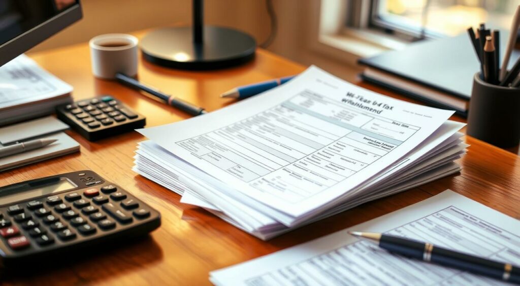 A neatly organized desk with a stack of W-4 tax forms, a calculator, and a pen. The forms are being carefully reviewed and adjusted, with focused attention and a slight frown of concentration. Warm, natural lighting filters in through a window, casting a soft glow on the scene. The background is blurred, creating a sense of depth and drawing the viewer's eye to the main subject. The overall mood is one of thoughtful, mid-year tax preparation, conveying the importance of staying on top of withholding adjustments. A neatly organized desk with a stack of W-4 tax forms, a calculator, and a pen. The forms are being carefully reviewed and adjusted, with focused attention and a slight frown of concentration. Warm, natural lighting filters in through a window, casting a soft glow on the scene. The background is blurred, creating a sense of depth and drawing the viewer's eye to the main subject. The overall mood is one of thoughtful, mid-year tax preparation, conveying the importance of staying on top of withholding adjustments.