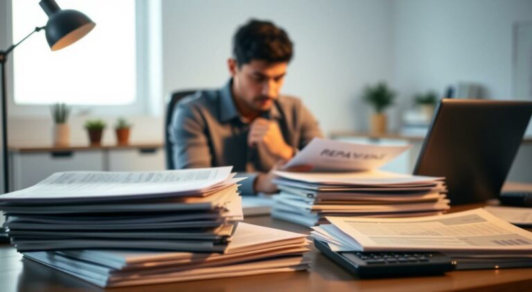 A neatly organized office desk with stacks of financial documents, a laptop, and a calculator. The foreground features various repayment plans, represented by folders, charts, and spreadsheets, all bathed in warm, directional lighting. The middle ground showcases a thoughtful, focused individual analyzing the plans, their face partially obscured. The background blurs into a serene, professional setting with minimalist decor and clean lines, conveying a sense of order and control over one's financial future. The overall mood is one of careful deliberation and a pursuit of financial stability.