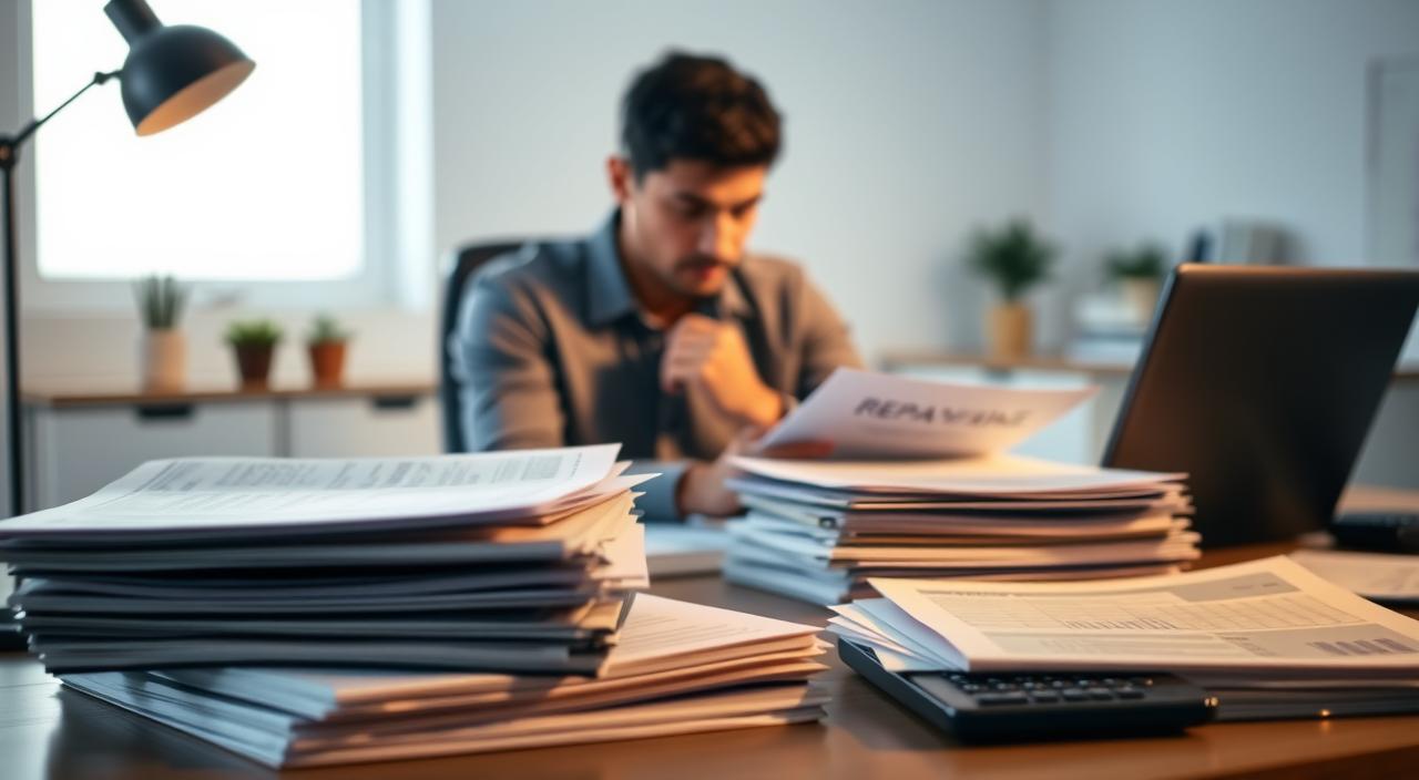 A neatly organized office desk with stacks of financial documents, a laptop, and a calculator. The foreground features various repayment plans, represented by folders, charts, and spreadsheets, all bathed in warm, directional lighting. The middle ground showcases a thoughtful, focused individual analyzing the plans, their face partially obscured. The background blurs into a serene, professional setting with minimalist decor and clean lines, conveying a sense of order and control over one's financial future. The overall mood is one of careful deliberation and a pursuit of financial stability.