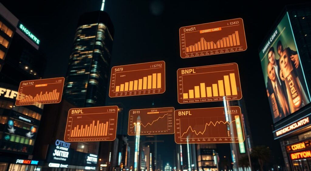 A neon-lit urban landscape at night, with a towering skyscraper in the background casting long shadows. In the foreground, a series of financial charts and graphs float in the air, displaying data on credit scores, debt levels, and BNPL (Buy Now, Pay Later) transactions. The charts are illuminated by a warm, diffuse glow, creating a sense of depth and focus. The overall mood is one of uncertainty and contemplation, as the viewer is invited to consider the impact of BNPL on their financial profile. A neon-lit urban landscape at night, with a towering skyscraper in the background casting long shadows. In the foreground, a series of financial charts and graphs float in the air, displaying data on credit scores, debt levels, and BNPL (Buy Now, Pay Later) transactions. The charts are illuminated by a warm, diffuse glow, creating a sense of depth and focus. The overall mood is one of uncertainty and contemplation, as the viewer is invited to consider the impact of BNPL on their financial profile.