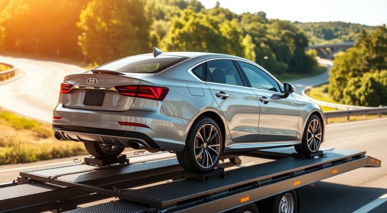 A pristine car resting securely on a well-designed car carrier, its gleaming exterior reflecting the warm sunlight. In the background, a winding highway stretches out, framed by lush green foliage. The carrier's hydraulic lift gently raises the vehicle, ready for safe and efficient transport. A sense of care and attention to detail permeates the scene, conveying the reliable and professional nature of the car shipping process. Soft shadows and a subtle depth of field create a visually compelling and realistic depiction of this essential aspect of the car auction experience.