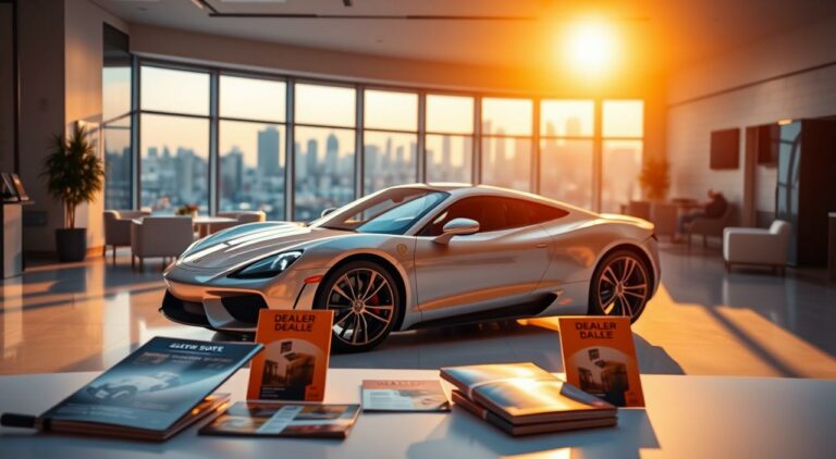 A serene showroom with a sleek sports car prominently displayed, bathed in warm, golden lighting that casts a soft, inviting glow. In the foreground, various glossy brochures and price tags showcase the latest dealer incentives, enticing potential buyers. The mid-ground features a clean, modern interior design, with minimalist furniture and a subtle color palette that complements the vehicle's styling. In the background, large windows offer a glimpse of a bustling city skyline, hinting at the excitement and opportunities that await those who take advantage of the dealer's special offers.