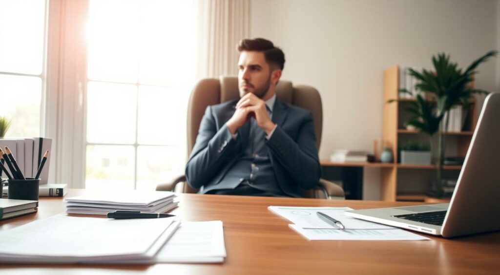 A serene, well-lit office setting. In the foreground, a wooden desk with a meticulously organized array of financial documents, pens, and a laptop. The middle ground features a person sitting in a comfortable, ergonomic chair, deep in thought, hands clasped, contemplating their debt repayment strategy. The background showcases a large window, allowing natural light to flood the room, creating a warm, productive atmosphere. The overall mood is one of focus, determination, and a sense of control over one's financial future.
