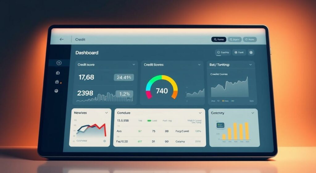 A sleek, modern dashboard display showing a clean, minimal credit score interface. The display is backlit with a warm, soft glow, creating a professional and authoritative atmosphere. The score itself is prominently featured, surrounded by subtle graphs and metrics that provide insight into the user's credit health. The interface is designed with a high-contrast color scheme, making the information easy to read and interpret at a glance. The overall impression is one of clarity, control, and financial empowerment.
