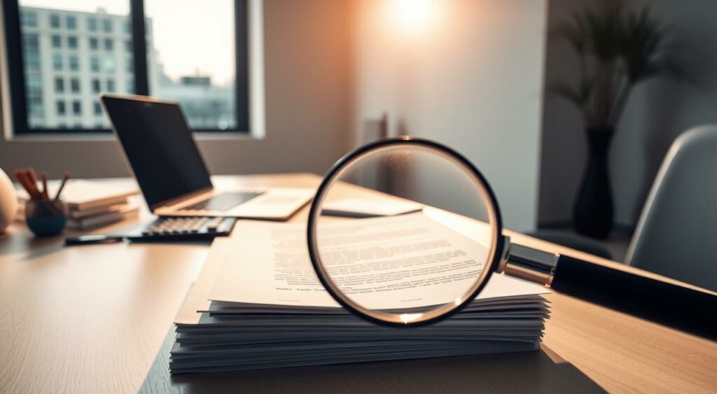 A sleek, modern office desk with a laptop, calculator, and neatly stacked documents. Warm, directional lighting from a large window casts a soft glow on the scene, creating a thoughtful, contemplative atmosphere. In the foreground, a magnifying glass hovers over the documents, drawing attention to the fine print and details that may contain hidden "origination fees." The composition is balanced, with the desk and laptop as the central focus, surrounded by a clean, minimalist background to emphasize the importance of careful financial planning and understanding the fine print.