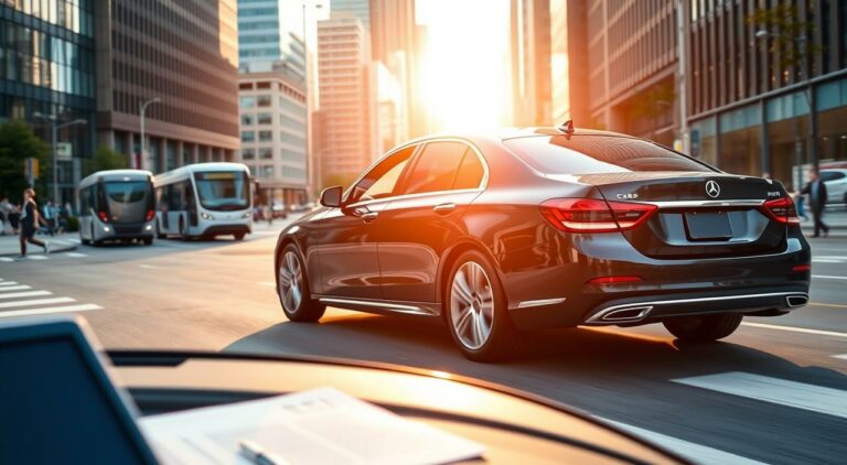 A sleek, modern sedan glides through a contemporary city street, the sun's rays reflecting off its polished chrome accents. In the foreground, a laptop and documents rest on the car's dashboard, hinting at the financial transaction taking place - the refinancing of the vehicle's loan. The background features a blend of skyscrapers, bustling pedestrians, and the occasional public transit vehicle, conveying a sense of urban efficiency and progress. The lighting is soft and warm, casting a welcoming glow on the scene and emphasizing the car's streamlined design. This image captures the essence of the "Refinance Your Car the Smart Way: Rate, Term, Break-Even" section, showcasing the financial opportunity and technological integration of the car loan refinancing process.