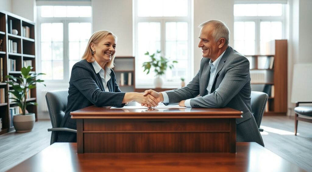A spacious, well-lit office interior, with a mahogany desk in the foreground. Two people, a lender and a borrower, are seated across the desk, shaking hands to finalize a loan agreement. The borrower's face is lit with a grateful expression, as the lender smiles warmly, signifying the successful partnership enabled by the cosigner. Soft natural light streams in through large windows, casting a gentle glow on the scene. The decor is professional yet inviting, with bookshelves lining the walls and a potted plant adding a touch of nature. The overall atmosphere conveys the mutual trust and collaboration fostered by the cosigner arrangement. A spacious, well-lit office interior, with a mahogany desk in the foreground. Two people, a lender and a borrower, are seated across the desk, shaking hands to finalize a loan agreement. The borrower's face is lit with a grateful expression, as the lender smiles warmly, signifying the successful partnership enabled by the cosigner. Soft natural light streams in through large windows, casting a gentle glow on the scene. The decor is professional yet inviting, with bookshelves lining the walls and a potted plant adding a touch of nature. The overall atmosphere conveys the mutual trust and collaboration fostered by the cosigner arrangement.