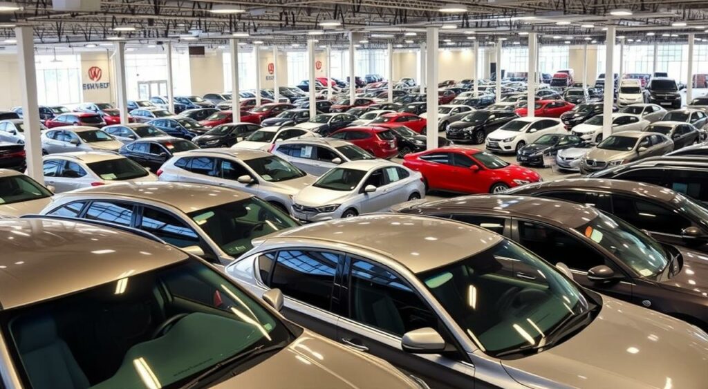 A vast, well-lit showroom showcases a diverse range of used vehicles, their shiny exteriors gleaming under the warm, inviting lighting. In the foreground, a selection of sedans, SUVs, and pickup trucks are neatly arranged, their features and details clearly visible. In the middle ground, additional models in various makes and models are displayed, hinting at the extensive inventory available. The background is filled with a sense of depth, with rows of vehicles stretching back, suggesting the breadth of options for the discerning buyer. The overall atmosphere conveys a sense of abundance, choice, and the promise of finding the perfect pre-owned vehicle to suit one's needs. A vast, well-lit showroom showcases a diverse range of used vehicles, their shiny exteriors gleaming under the warm, inviting lighting. In the foreground, a selection of sedans, SUVs, and pickup trucks are neatly arranged, their features and details clearly visible. In the middle ground, additional models in various makes and models are displayed, hinting at the extensive inventory available. The background is filled with a sense of depth, with rows of vehicles stretching back, suggesting the breadth of options for the discerning buyer. The overall atmosphere conveys a sense of abundance, choice, and the promise of finding the perfect pre-owned vehicle to suit one's needs.