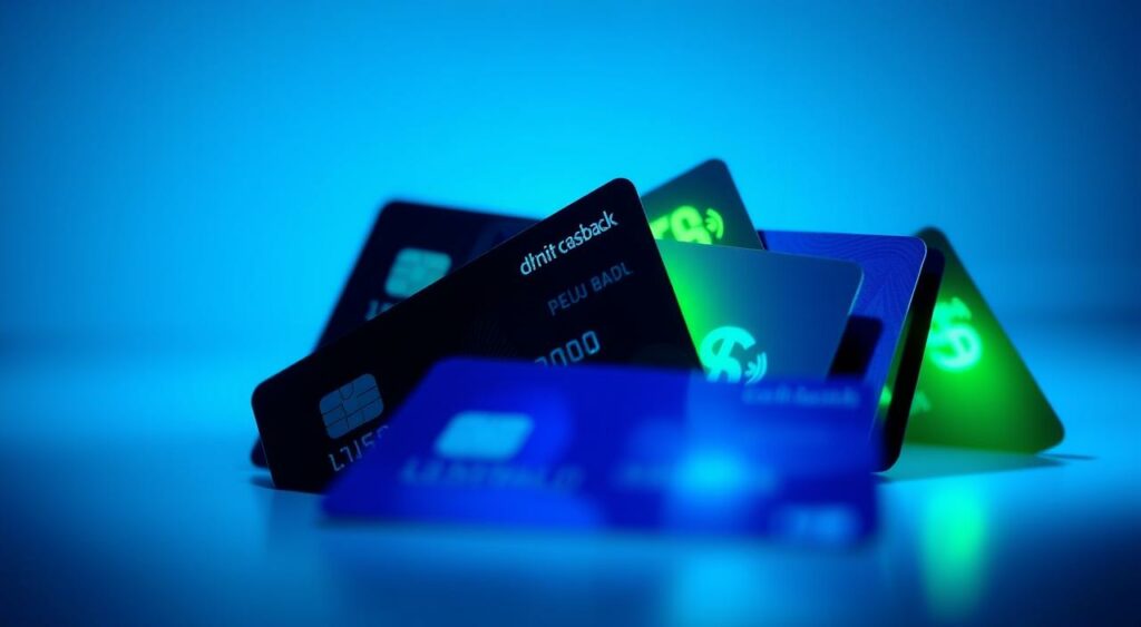 A vibrant close-up of credit cards with cashback reward symbols and glowing holographic effects, set against a sleek, minimalist background. The cards are arranged in a dynamic, overlapping composition, casting a soft, ambient light. The scene evokes a sense of financial empowerment and the rewards of responsible credit card usage. Subtle blue and green hues create a modern, sophisticated atmosphere. The overall image conveys the concept of "cashback stacking" in a visually compelling and informative manner.