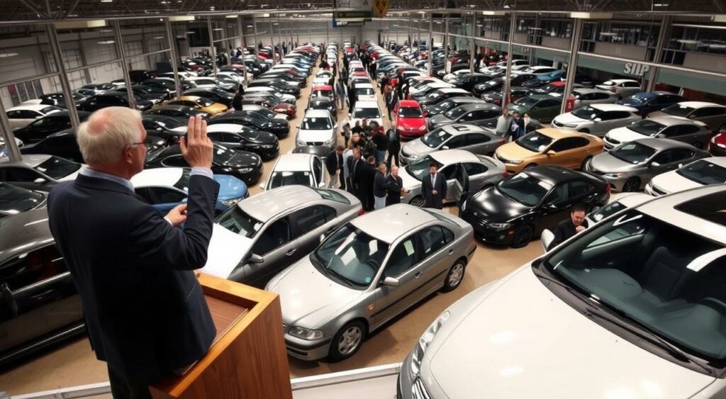 A well-lit, high-angle view of a used car auction house. In the foreground, an auctioneer stands at a podium, gesturing animatedly as bidders raise their paddles. In the middle ground, potential buyers examine various makes and models of vehicles, evaluating their condition and negotiating prices. The background is a maze of aisles and display areas, showcasing the diverse selection of cars up for auction. The scene conveys a sense of bustling activity and high-stakes negotiations, with a focus on the intricate dance of bids, fees, and costs that characterize the world of car auctions.