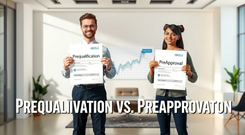 A well-lit, high-resolution image showcasing the contrast between personal loan prequalification and preapproval. In the foreground, two characters stand side by side, one holding a "Prequalification" document and the other a "Preapproval" document. Their facial expressions and body language convey the differences in the processes. The middle ground depicts a financial graph or chart, illustrating the key distinctions between the two concepts. The background features a clean, modern office setting with minimalist decor, emphasizing the professional, analytical nature of the topic. The lighting is soft and directional, creating depth and highlighting the important elements. The overall tone is one of clarity, comparison, and informed decision-making.
