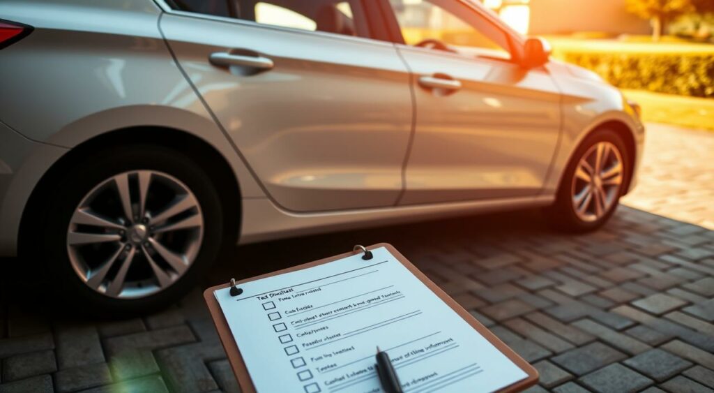 A well-lit, meticulously detailed exterior of a mid-sized sedan, showcasing a comprehensive test drive checklist. The car is parked in a clean, paved driveway, bathed in warm, natural light. The angle captures the entire vehicle, highlighting key inspection points like the tires, body panels, lights, and trim. The scene conveys a sense of careful inspection, with the checklist clipboard and pen visible in the foreground, ready for a thorough examination. The overall mood is one of diligence and attention to detail, setting the stage for a comprehensive test drive experience.