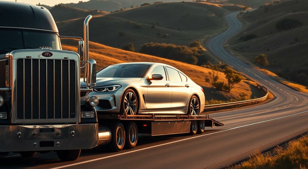 An expansive semi-truck gracefully transporting a gleaming luxury sedan, its chrome grill and sleek silhouette catching the warm afternoon light. The truck's trailer is securely loaded, the car nestled amidst custom bracing and padding, protected from the rigors of the open road. In the background, a winding highway snakes through rolling hills, dotted with verdant trees. The scene conveys a sense of careful, professional transportation - the vehicle's safe passage from auction to driveway assured by the skilled driver and well-equipped hauler. Lens: 50mm. Lighting: Soft, directional sunlight. Mood: Serene, confident. An expansive semi-truck gracefully transporting a gleaming luxury sedan, its chrome grill and sleek silhouette catching the warm afternoon light. The truck's trailer is securely loaded, the car nestled amidst custom bracing and padding, protected from the rigors of the open road. In the background, a winding highway snakes through rolling hills, dotted with verdant trees. The scene conveys a sense of careful, professional transportation - the vehicle's safe passage from auction to driveway assured by the skilled driver and well-equipped hauler. Lens: 50mm. Lighting: Soft, directional sunlight. Mood: Serene, confident.