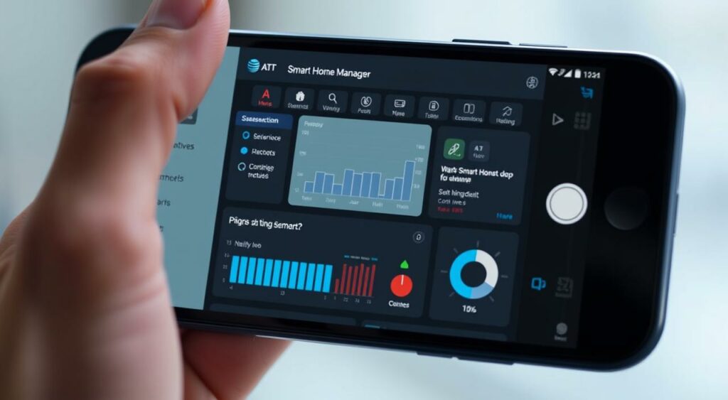 An image of a smartphone displaying the AT&T Smart Home Manager app dashboard, with various features and graphs visible. An image of a smartphone displaying the AT&T Smart Home Manager app dashboard, with various features and graphs visible.