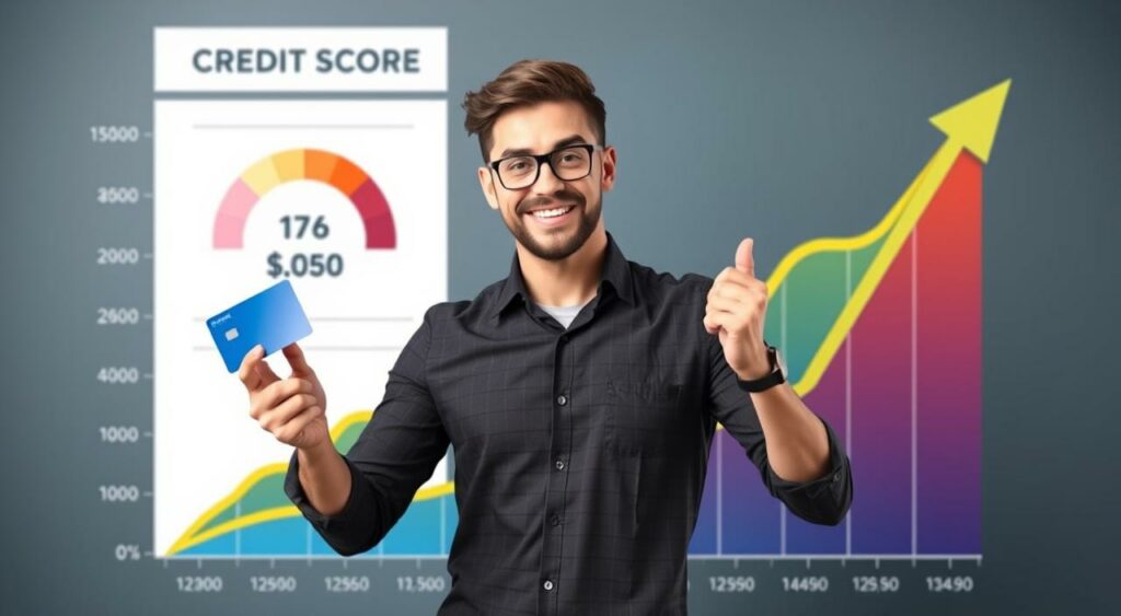 Create an image of a person holding a credit card and standing in front of a credit score graph showing improvement.