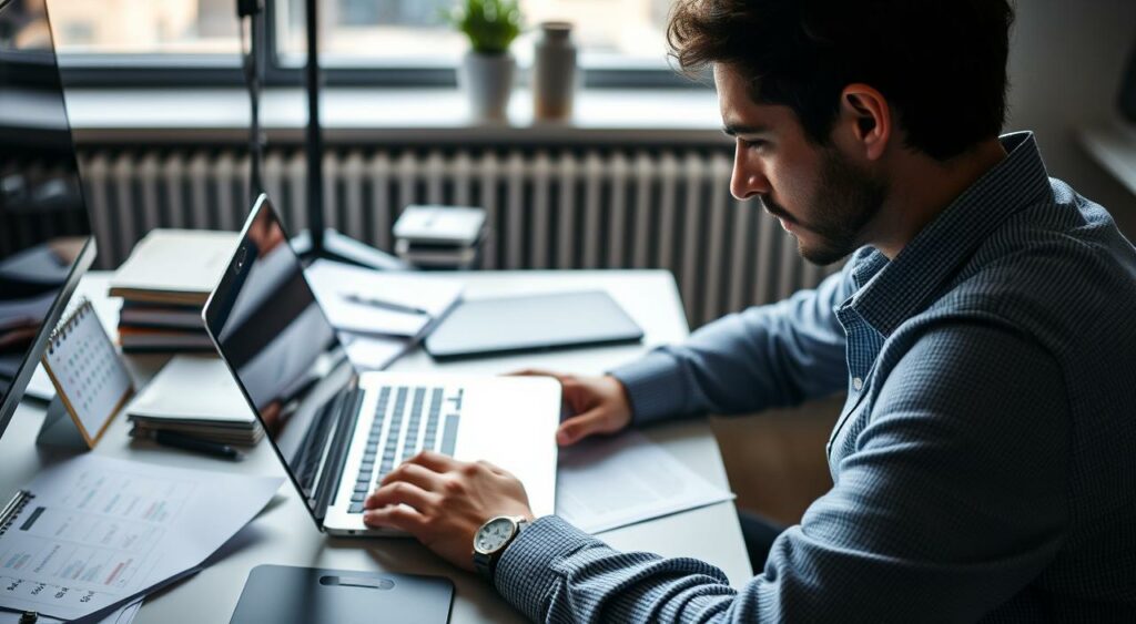 Create an image of a person sitting at a desk with a laptop, surrounded by financial documents and a calendar.
