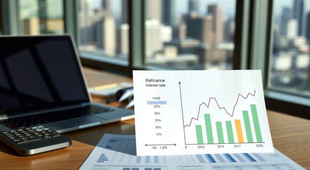Detailed comparison of fixed and variable interest rates for refinancing, with a clean, professional aesthetic. In the foreground, two financial charts or graphs illustrating the key differences between the rate types. In the middle ground, a modern office setting with a laptop, calculator, and other financial tools. The background features a blurred cityscape, conveying the broader economic context. Soft, directional lighting casts subtle shadows, creating depth and dimension. The overall mood is one of thoughtful analysis and informed decision-making. Detailed comparison of fixed and variable interest rates for refinancing, with a clean, professional aesthetic. In the foreground, two financial charts or graphs illustrating the key differences between the rate types. In the middle ground, a modern office setting with a laptop, calculator, and other financial tools. The background features a blurred cityscape, conveying the broader economic context. Soft, directional lighting casts subtle shadows, creating depth and dimension. The overall mood is one of thoughtful analysis and informed decision-making.