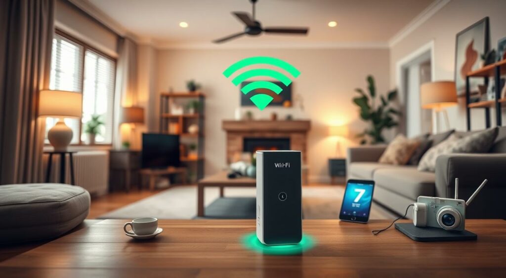 Generate an image of a Wi-Fi extender device in a home setting Generate an image of a Wi-Fi extender device in a home setting