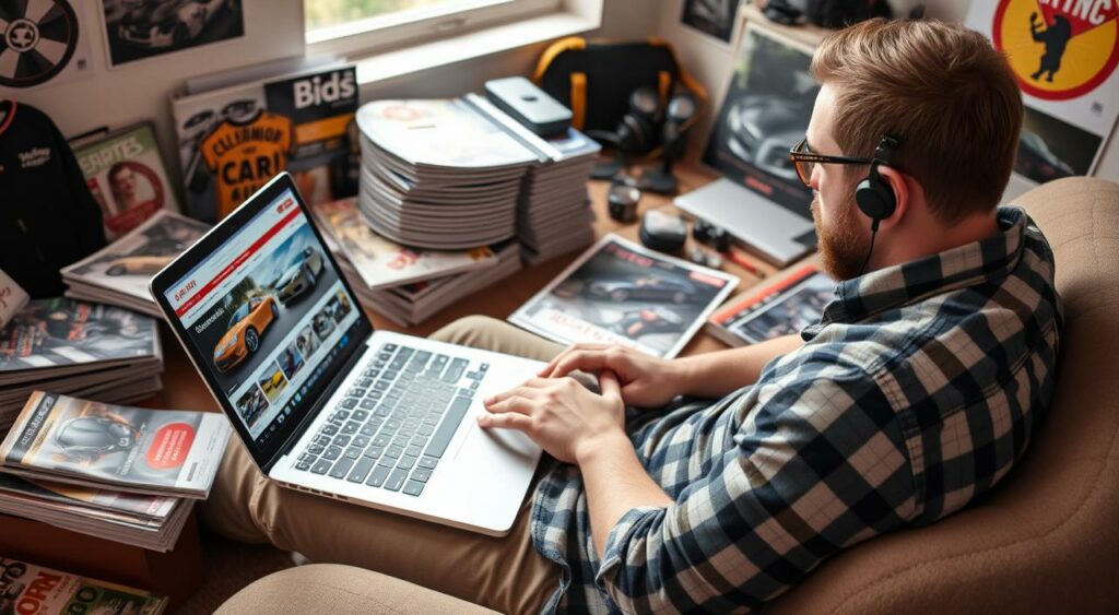 Generate an image of a beginner enthusiast browsing through Cars & Bids on their laptop.