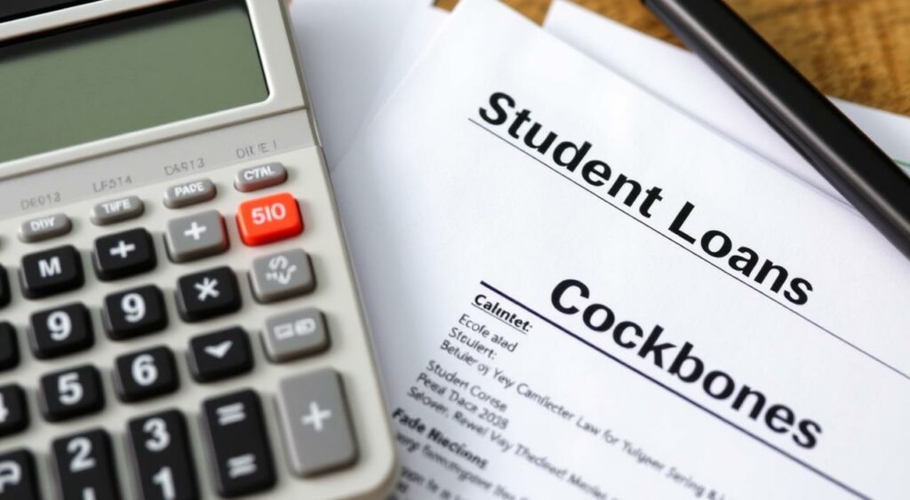 Generate an image of a calculator and student loan documents Generate an image of a calculator and student loan documents