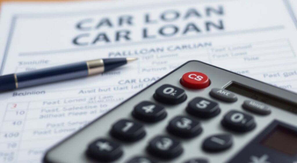 Generate an image of a calculator with a car loan document in the background. Generate an image of a calculator with a car loan document in the background.