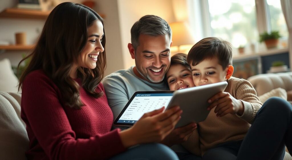 Generate an image of a family using a parental control app on their tablet Generate an image of a family using a parental control app on their tablet