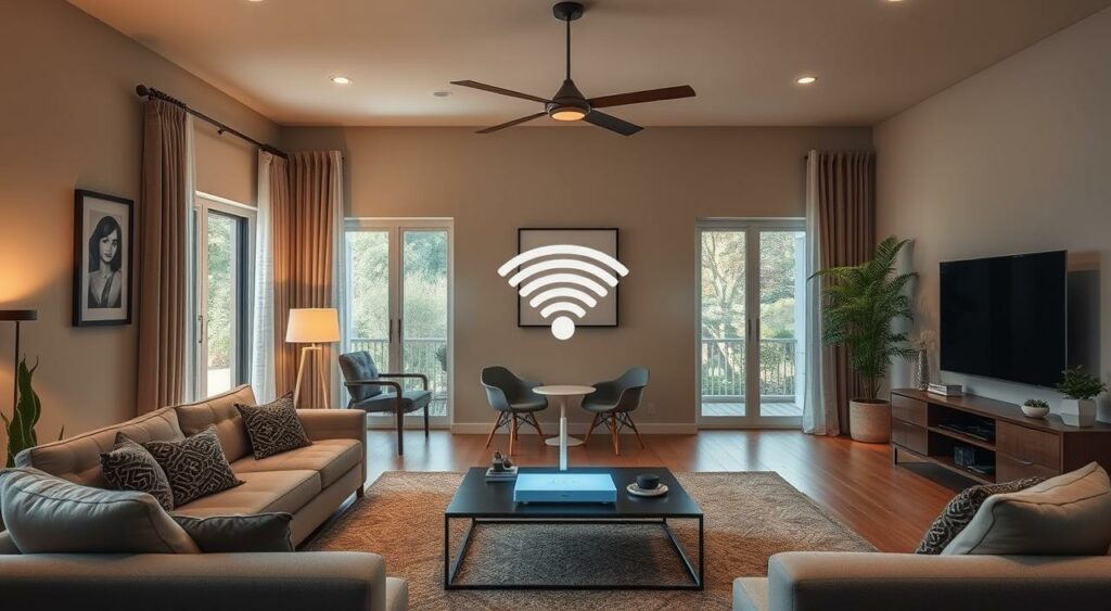 Generate an image of a mesh Wi-Fi system setup in a large home. Generate an image of a mesh Wi-Fi system setup in a large home.