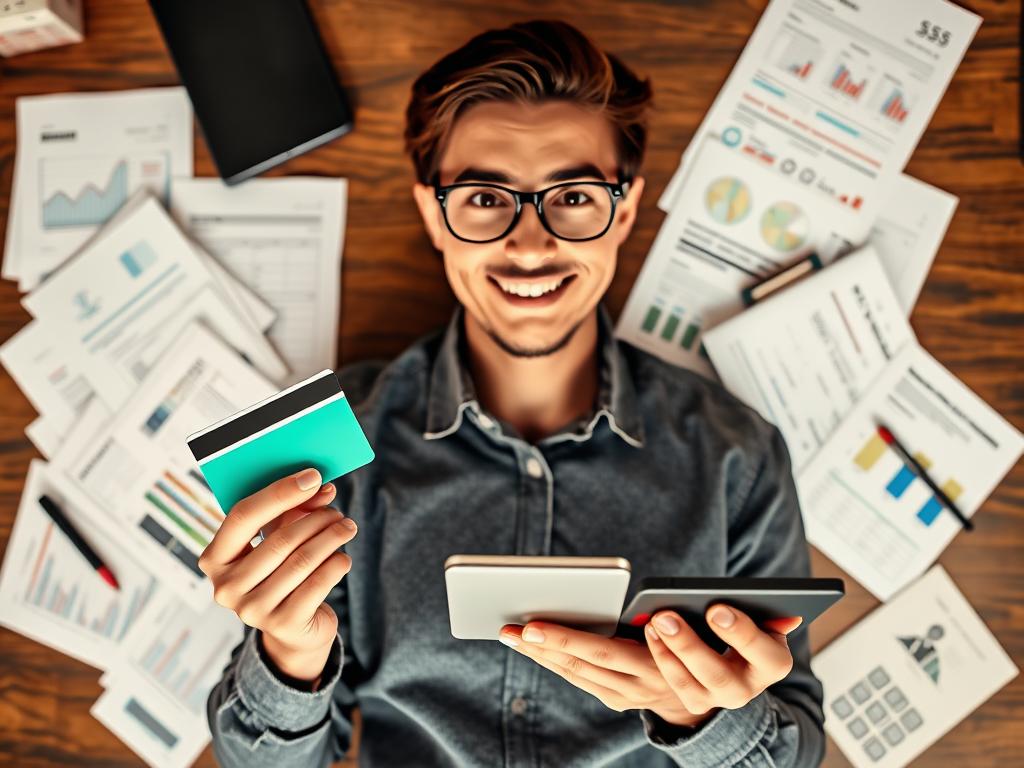 Generate an image of a person holding a credit card and a calculator, with a background of financial documents.